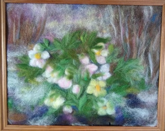 Lenten rose (hellebore) in bloom - wool fiber art, wall hanging, wool picture