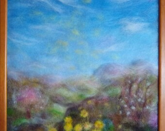 Spring Magic: The Beginning. - wool fiber art, wall hanging, wool picture