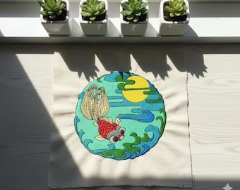 Koi Fish Embroidery Design | Japanese Wave Art | Water & Sun Pattern