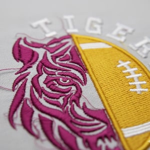 Tigers Football Embroidery Design: Pink Tiger, Yellow Football (Digital File)