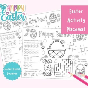 May include: A printable Easter activity placemat with a bunny rabbit, basket, and eggs. The placemat includes a maze, a connect the dots activity, and a tic-tac-toe game. The text on the placemat reads "Happy Easter!"