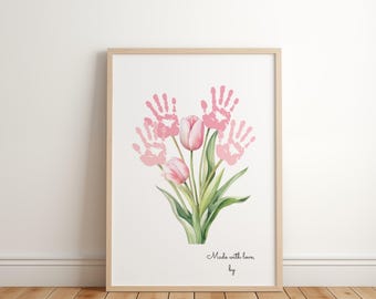 May include: Pink handprint tulips with green stems and leaves on a white background. The text "Made with love by" is at the bottom of the image.