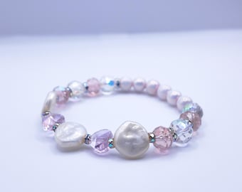 レディース ピンク＆パール風ブレスレット