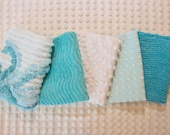 Vintage Chenille Fabric Mini Sets - aqua, turquoise white chenille - Five 12 quot x 18 quot pieces - 100-550