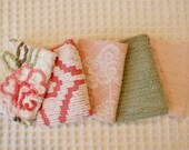 Vintage Chenille Fabric Mini Sets - pink, green white chenille - flowers - Five 12 quot x 18 quot pieces - 100-515