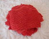Vintage Chenille Fabric Quilt Squares - 10 - FIVE inch squares, red wavy lines - 500-526