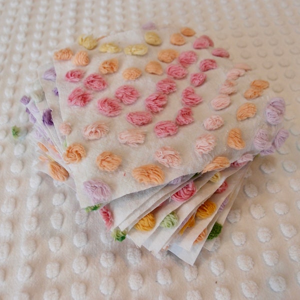 Vintage Chenille Fabric Quilt Squares - 15 - 6 inch squares handmade "rainbow" popcorn - 500-24-12