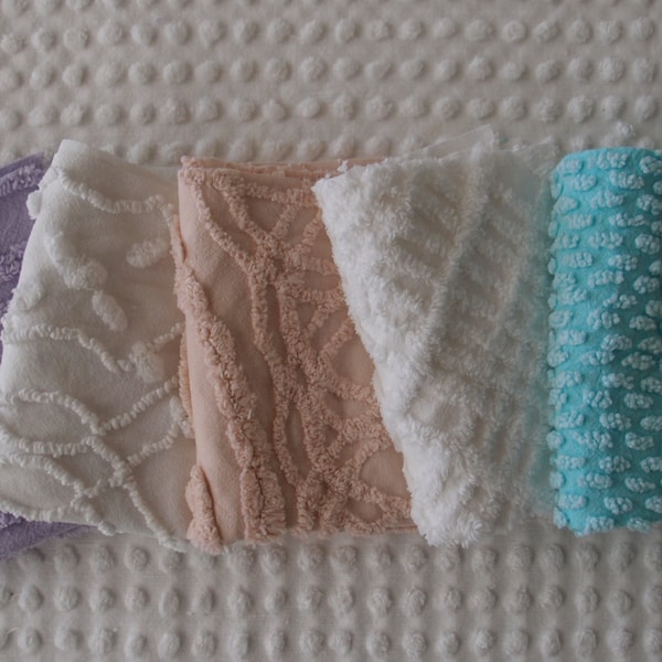 Vintage Chenille Fabric Mini Sets - Five 12" x 18" pieces - Aqua, Peach, Purple & White - 100-126