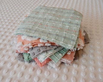 Vintage Chenille Fabric Quilt Squares - 30 - 6 inch squares peach, green, grey & white - 500-24-15