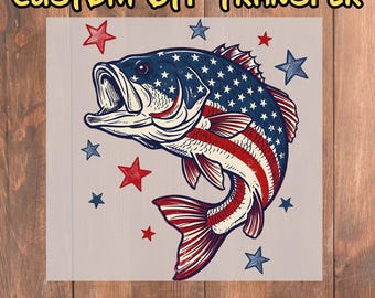 Patriotic Bass DTF Transfer, American Flag Fish Heat Transfer, Ready to Press Angler Gift, 4th of July Fishing DIY