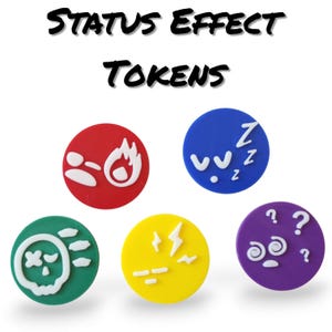 May include: Five round status effect tokens in different colors. Red token with a fire symbol, blue token with a sleeping symbol, green token with a skull and crossbones symbol, yellow token with a lightning bolt symbol, and purple token with a question mark symbol.