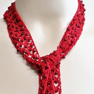 Red Necklace Sash Tie Beaded Silk Crocheted