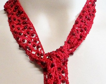 Red Necklace Sash Tie Beaded Silk Crocheted