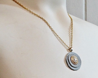 Necklace Leather and Vintage Button Gray and Gold