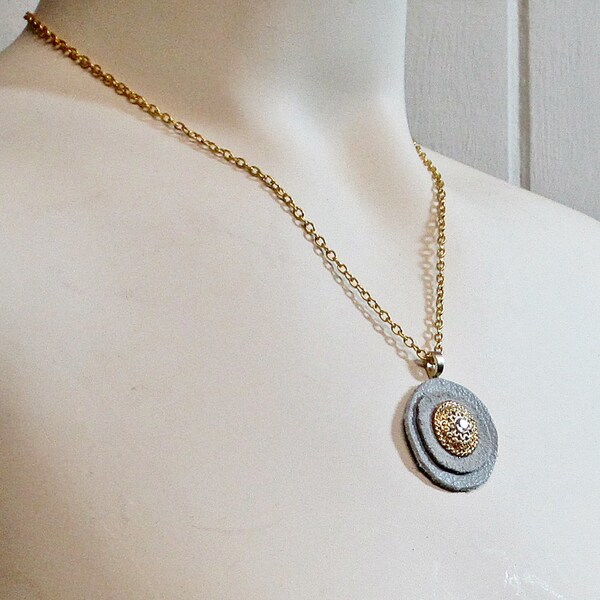 Necklace Leather and Vintage Button Gray and Gold