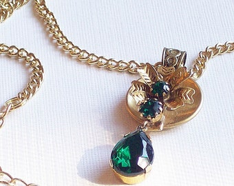 Emerald and gold necklace with vintage crystals