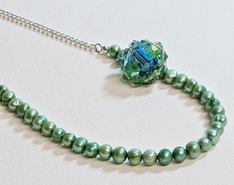 Necklace Pearl with Repurposed Vintage Green and Blue