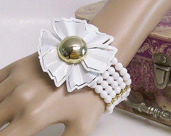 Bracelet White Quartz and Vintage Brooch Stretch Cuff