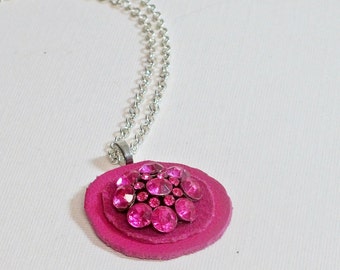 Necklace Leather and Vintage Button Bright Pink and Silver