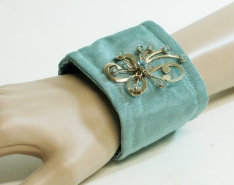 Cuff Bracelet, Fabric with Vintage, Aqua and Gold, Crystals, Bridal, Special Occasion