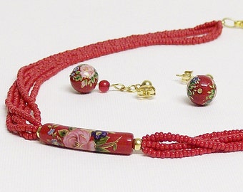 Necklace and Earring Set Red Floral