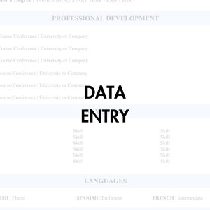 May include: A resume template with the heading "Education & Certifications", "Professional Development", "Data Entry", "Languages", and "References".