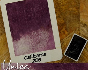 Può includere: Un campione di pittura ad acquerello di colore viola intenso, etichettato "Callicarpa 206". Il campione è su una scheda bianca con angoli arrotondati. È visibile anche una piccola vaschetta rettangolare con vernice viola scuro. Il testo "Unica Aquarell" è in basso.