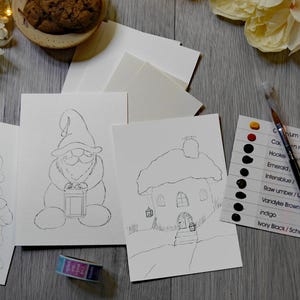 AquaArtBox light - Enanos, Caja de suministros de arte, caja de arte, caja de acuarela, juego de acuarela, páginas para colorear, tarjeta de puntos, material de arte, pintura de acuarela