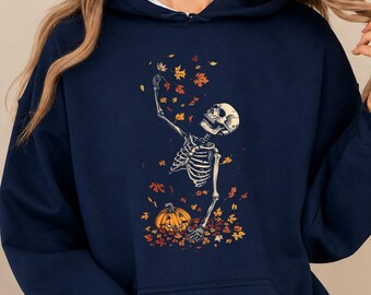 Skeleton Autumn Leaves Hoodie, Spooky Fall Pumpkin Graphic Sweatshirt