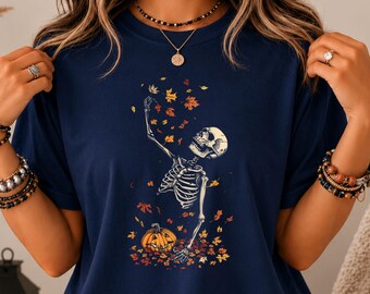 Skeleton Autumn Leaves T-Shirt, Spooky Fall Pumpkin Graphic Tee, Gothic October Apparel