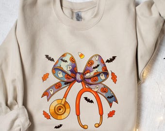 Coquette Halloween Nurse Sweat, Spooky Stethoscope Bow Nursing Tee, Halloween Vibes Nurse Sweatshirt, Spooky Season Nursing Student Sweat