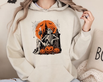 Skeleton Coffee Halloween Hoodie, Spooky Pumpkin Graphic Sweatshirt