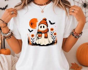Cozy Ghost Coffee T-Shirt, Spooky Season Pumpkin Mug Tee (Women's)