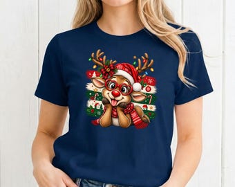 Festive Reindeer Santa Hat T-Shirt, Christmas Holiday Graphic Tee (Unisex)