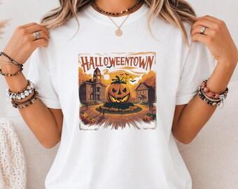 Camiseta gráfica de Halloweentown, camiseta retro de calabaza de Halloween, temporada espeluznante de octubre