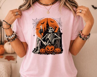 Skeleton Coffee Halloween T-Shirt, Spooky Graveyard Pumpkin Graphic Apparel