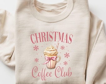 Christmas Coffee Club Sweatshirt, Holiday Latte Lover Hoodie, Pink Whipped Mug Sweat, Seasonal Warm Beverage Theme, Festive Casual Sweater