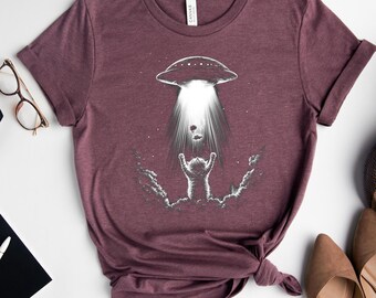 Alien Katze Shirt, lustiges Weltraum Kitty Grafik T-Shirt, UFO Entführung Katze T-Shirt, Sci Fi Katzenliebhaber Geschenk, kosmisches Galaxie T-Shirt, lustiges Alien Shirt