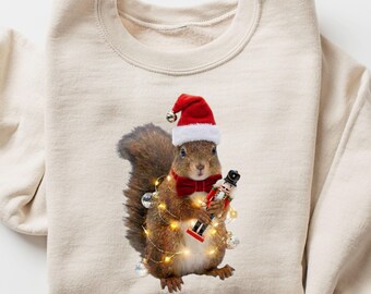Christmas Squirrel Lights Candy Cane Sweatshirt, Cozy Holiday Elf Forest Animal Sweater, Winter Festive Lights Hoodie, Xmas Season Sweat