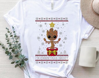 Camiseta "Soy Groot de Navidad", camiseta navideña de Bebé Groot, camiseta navideña de Los Vengadores, camiseta navideña de Disney, camiseta navideña divertida, camiseta de regalo de Navidad