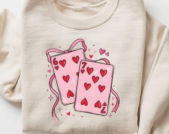 Valentine Playing Cards Sweatshirt, Cute Pink Heart Card Design, Romantic Valentine Gift for Couples, Love Aesthetic Unisex Crewneck