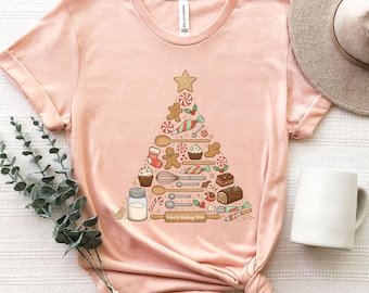 Custom Christmas Baking Tree Shirt, Gingerbread Baking Tools Tee, Baker Christmas T-Shirt, Holiday Family Baking Shirts
