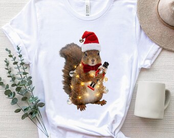 Christmas Squirrel Shirt, Holiday Elf Candy Cane Tee, Festive Lights Woodland Tshirt, Winter Animal Season Shirts, Cozy Xmas Forest Tee