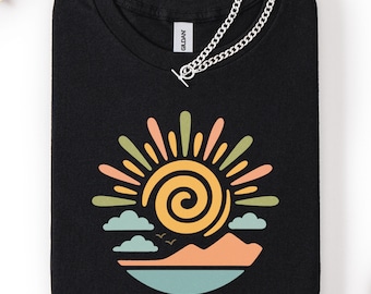 Camiseta retro con ondas y rayos de sol, camiseta de sol, camiseta retro con rayos de sol, camiseta playera, camiseta retro de verano, camiseta de atardecer