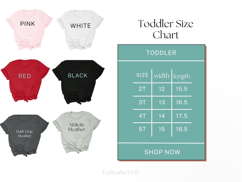 May include: A product image showcasing a variety of toddler t-shirts in different colors: pink, white, red, black, dark gray heather, and athletic heather. A size chart is also included, with measurements in inches.