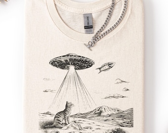 Camiseta de gato OVNI, camiseta retrô vintage de faroeste, camiseta engraçada de gato, camiseta com estampa de alienígena grande, camiseta feminina moderna de gato OVNI