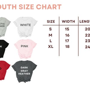 May include: A youth size chart with measurements in inches for t-shirts. The chart includes sizes S, M, L, and XL, with corresponding widths and lengths. T-shirts in various colors, including gray, white, black, pink, red, and dark gray, are displayed.
