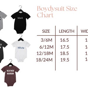 May include: A size chart for baby bodysuits, with measurements in inches. The chart includes sizes 3/6M, 6/12M, 12/18M, and 18/24M, with corresponding lengths and widths. Bodysuits in gray, black, dark gray, white, and maroon are displayed.