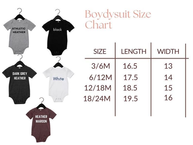 May include: A size chart for baby bodysuits, with measurements in inches. The chart includes sizes 3/6M, 6/12M, 12/18M, and 18/24M, with corresponding lengths and widths. Bodysuits in gray, black, dark gray, white, and maroon are displayed.