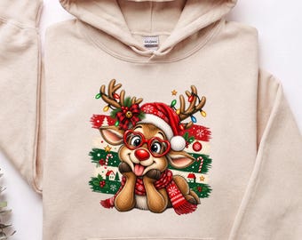Holiday Reindeer Hoodie, Christmas Crewneck Pullover Sweatshirt (Unisex)